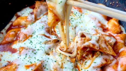 cheese tteokbokki on chopstick