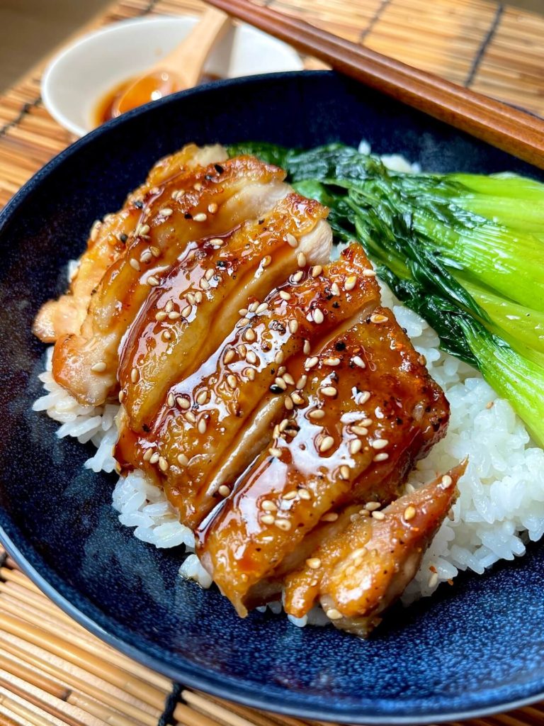 chicken teriyaki on bamboo mat