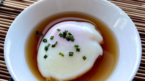 onsen egg in a white saucer