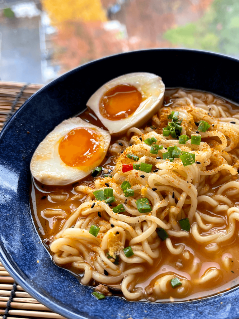 ramen egg in noodles