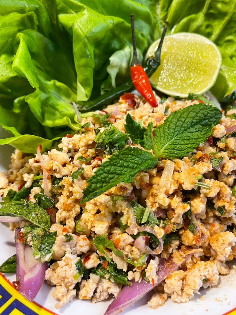 close up of chicken larb